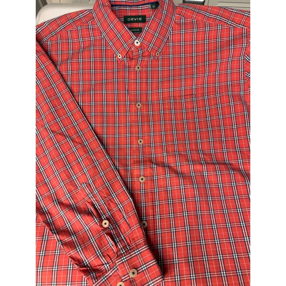 Orvis Men'a Active Fit Red/White/Blue check long sleeve button up sz xl coastal‎